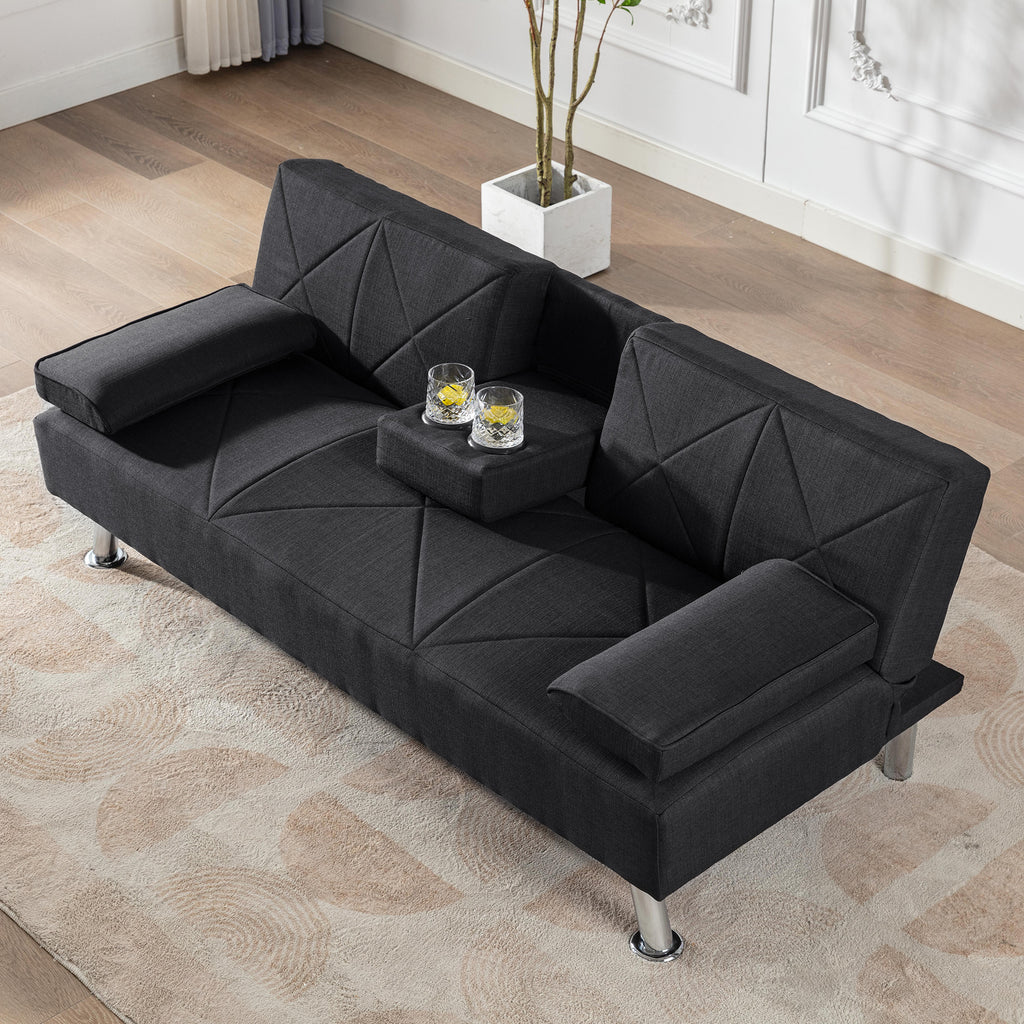 Modern Convertible Folding Futon Sofa Bed with Removable Armrests, Breathable Linen Sofa with 2 Cup Holders for Living Room