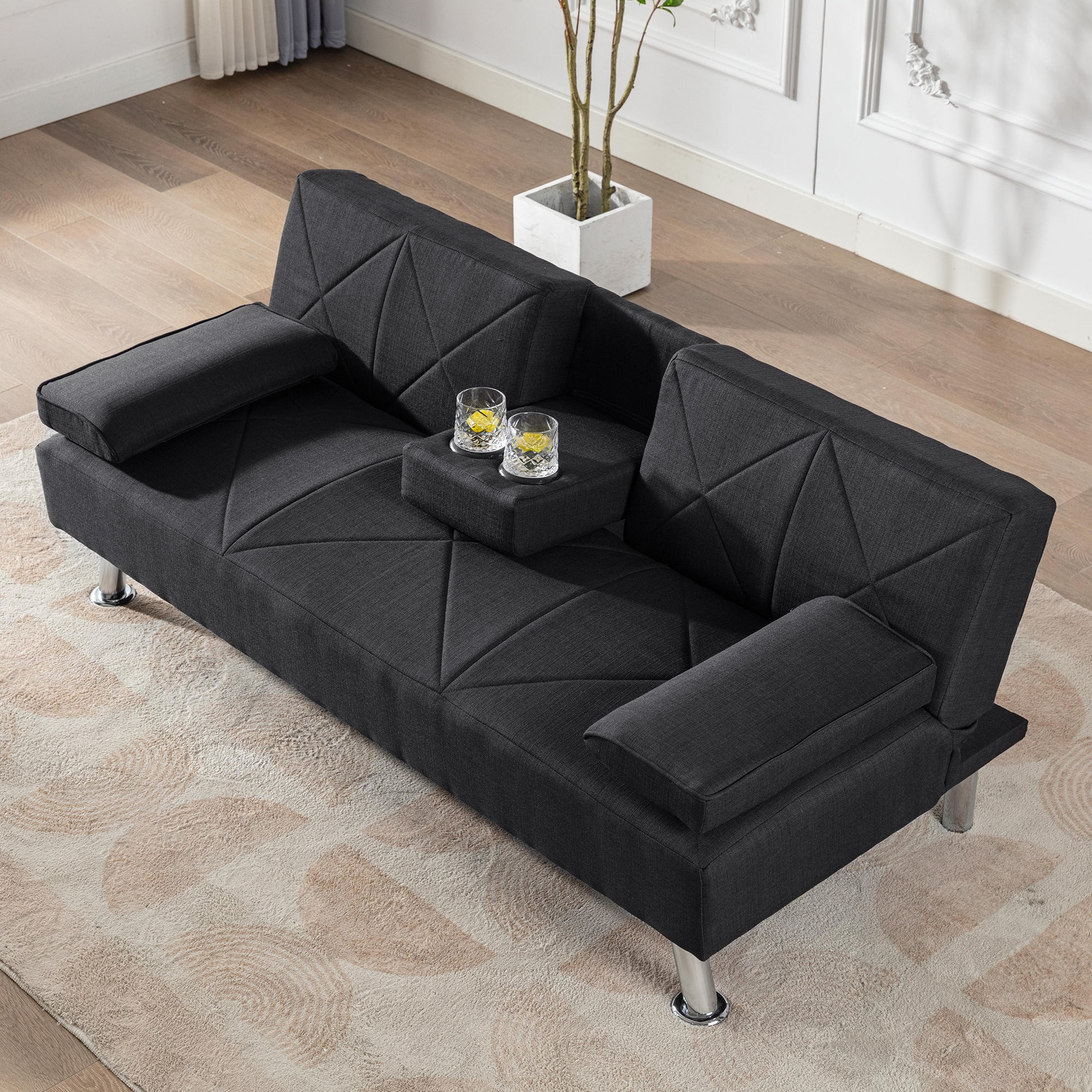 Modern Convertible Folding Futon Sofa Bed with Removable Armrests, Breathable Linen Sofa with 2 Cup Holders for Living Room
