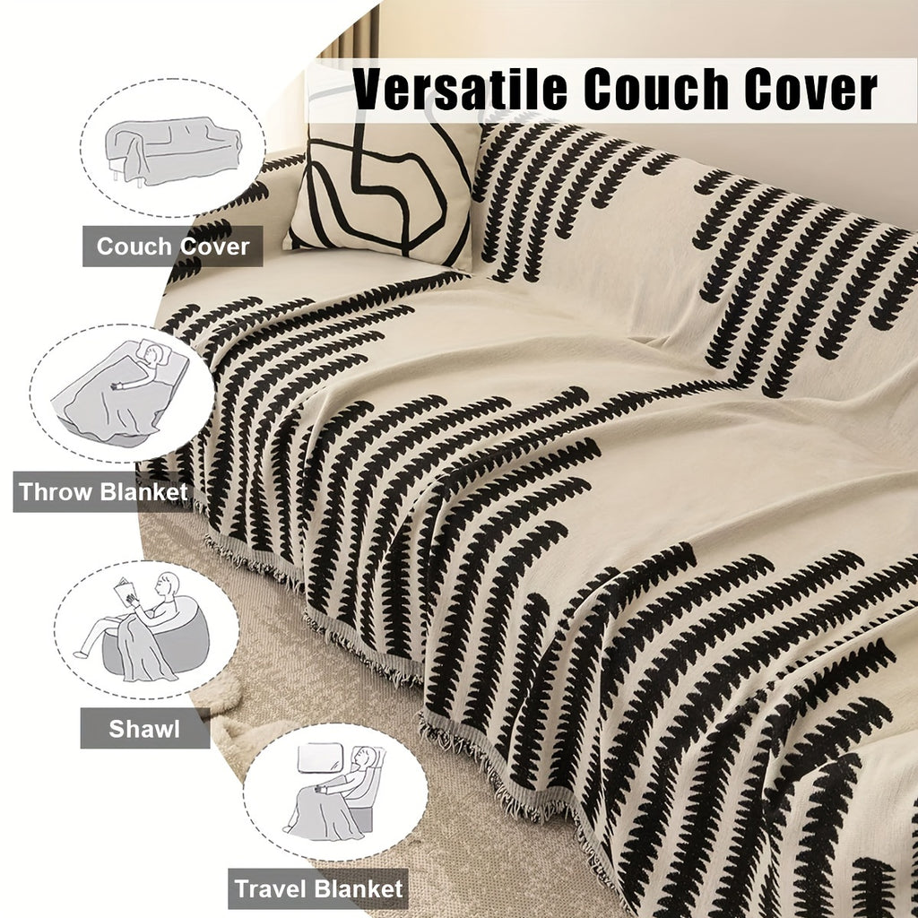 Bohemian Style Thick Striped Fringe Chenille Sofa Towel, Washable Pet Anti Cat Scratch Sofa Protective Cover, Soft And Comfortable, Suitable For Use All Year Round Sofa Blanket