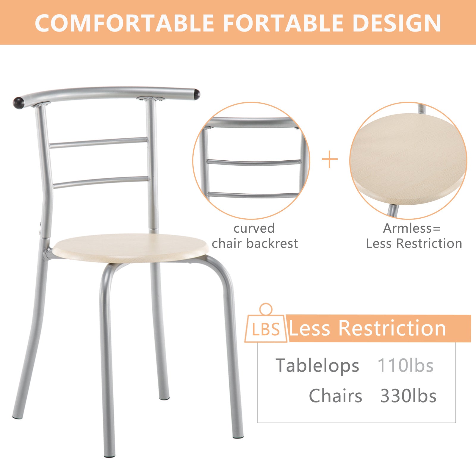 3-piece Dining Table Set, Small Dining Table and Chairs, Breakfast Table and Chair Set for Small Kitchen, Studio, Living Room, Bedroom, Oval Tabletop