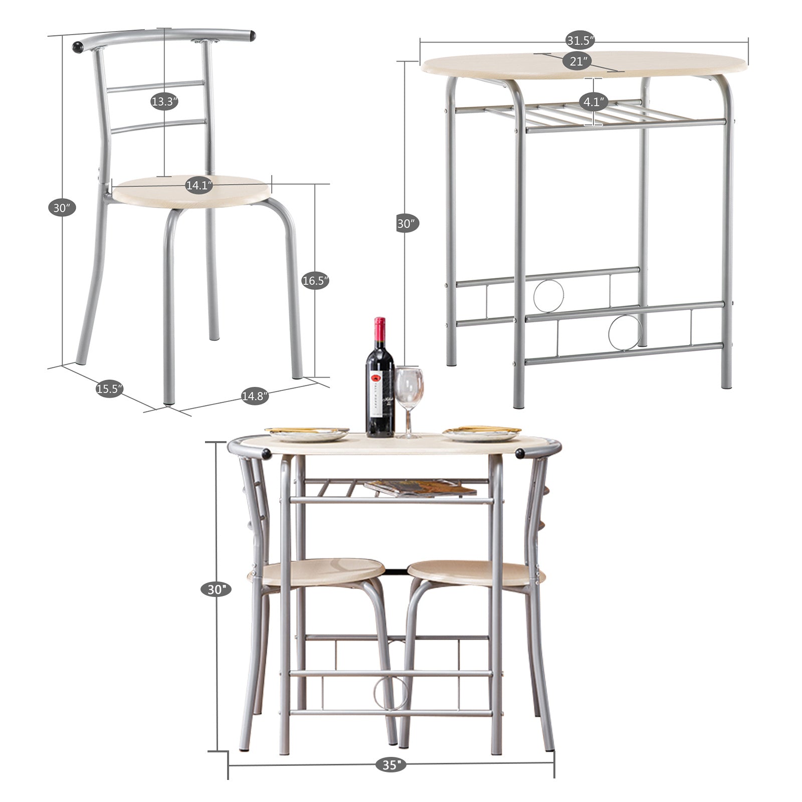 3-piece Dining Table Set, Small Dining Table and Chairs, Breakfast Table and Chair Set for Small Kitchen, Studio, Living Room, Bedroom, Oval Tabletop