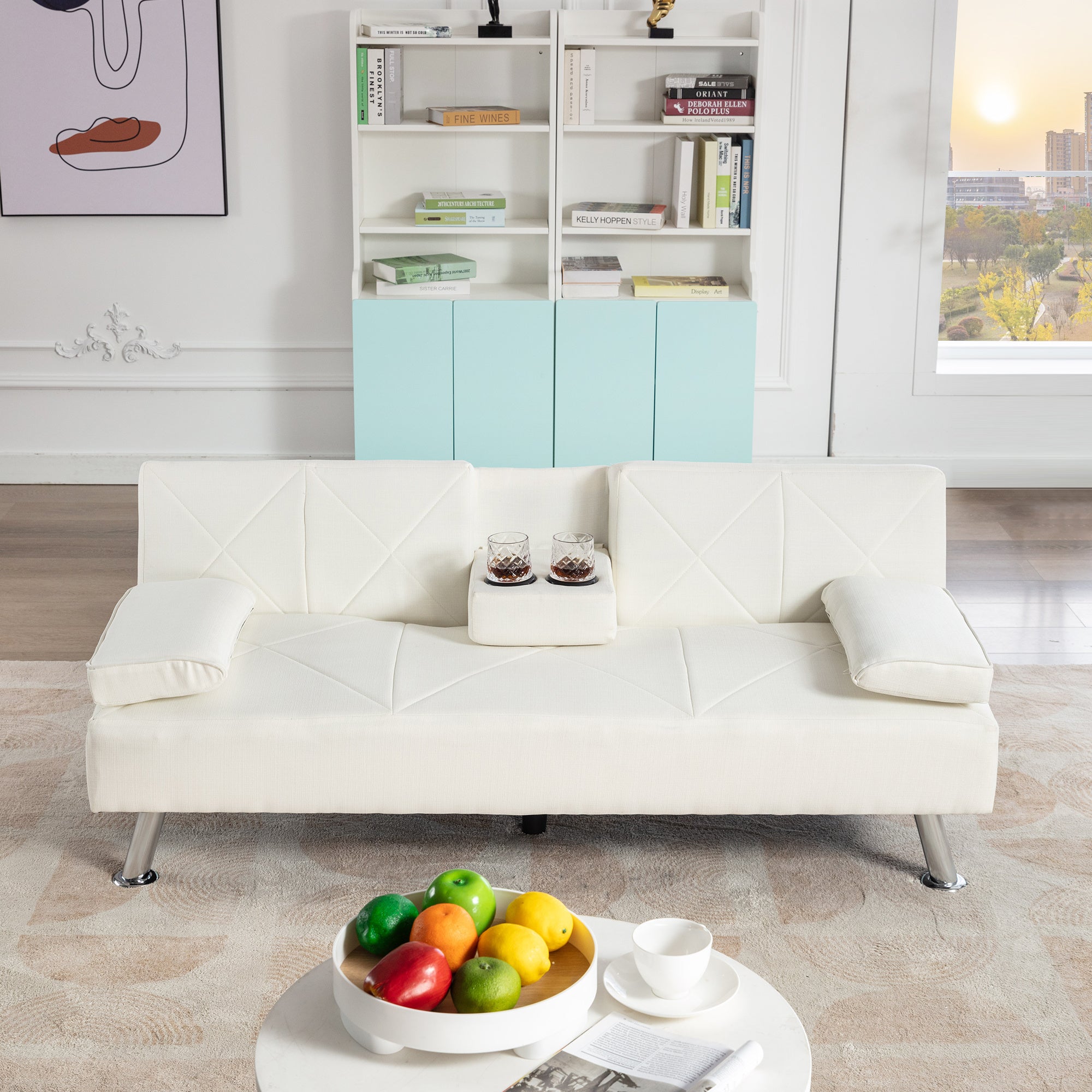Modern Convertible Folding Futon Sofa Bed with Removable Armrests, Breathable Linen Sofa with 2 Cup Holders for Living Room