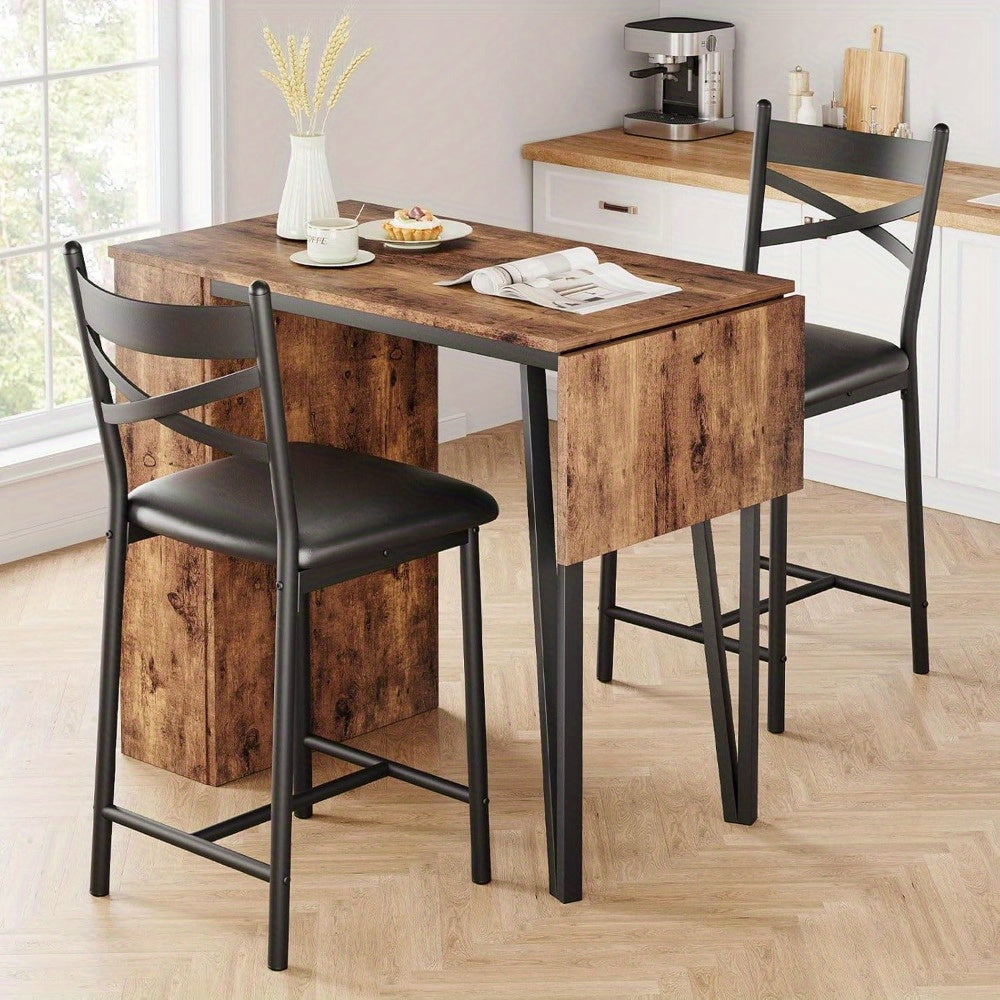 Dining Table Set for 2, Kitchen Bar Table and Chairs for 2, Expandable Counter Height Bar Table Set with 3 Storage, Kitchen Table Set with 2 Upholstered Chairs, Rustic Brown
