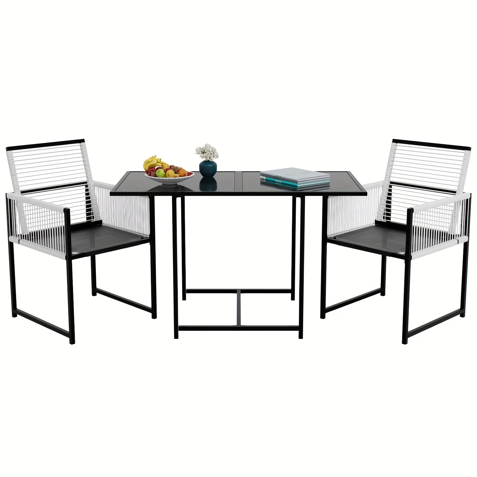 3pcs Rattan Patio Dining Set with Rectangle Table 3 -Piece Black Rattan Patio Dining Set Steel Rectangle Table with 2 Stationary Chairs
