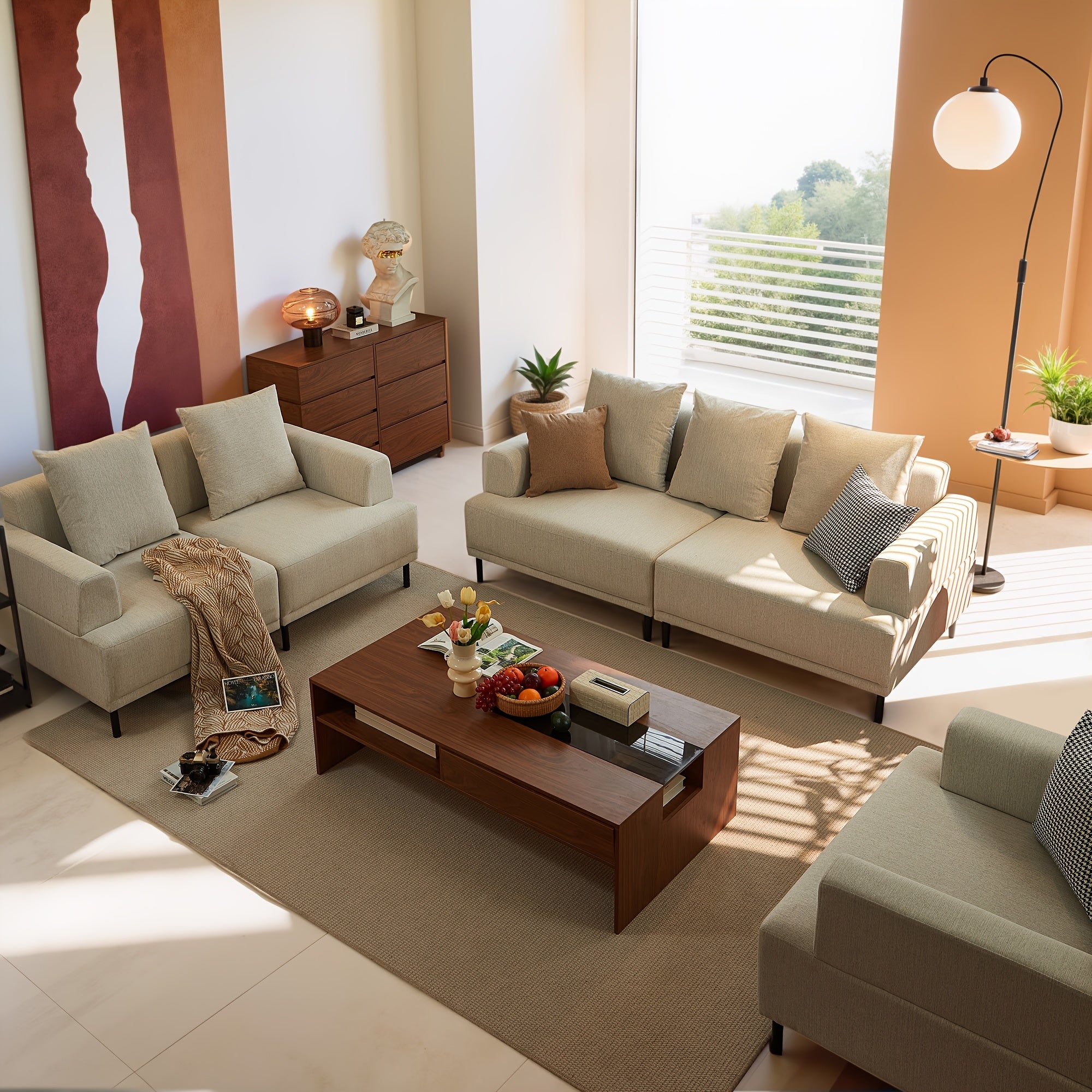 Minimalist Modern Sofa - Hardwood Frame & Neutral-Toned Fabric Couch, Easy Assembly Living Room, Apartment, Office Sofa - Space-Saving Design for Small Spaces & Open Layouts, Couch Furniture, Studio Seating, Soft Cushion Comfort, Durable Construction