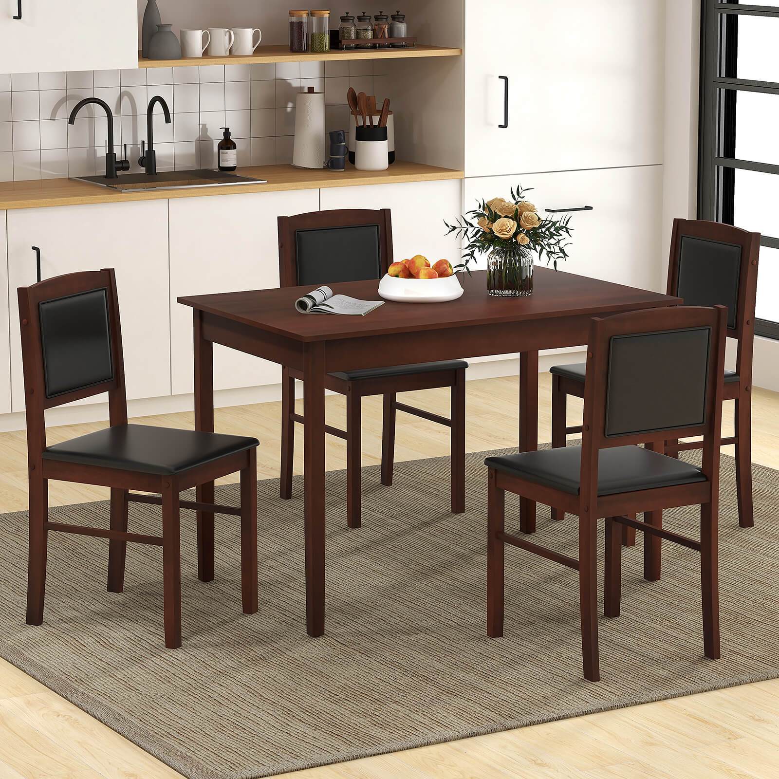 5pcs Modern Farmhouse Dining Set - Hardwood Rectangular Table with 4 Upholstered Chairs, Padded Seat & Backrest, Space-Efficient Design for Small Dining Rooms, Apartment & Home Use Without Electricity