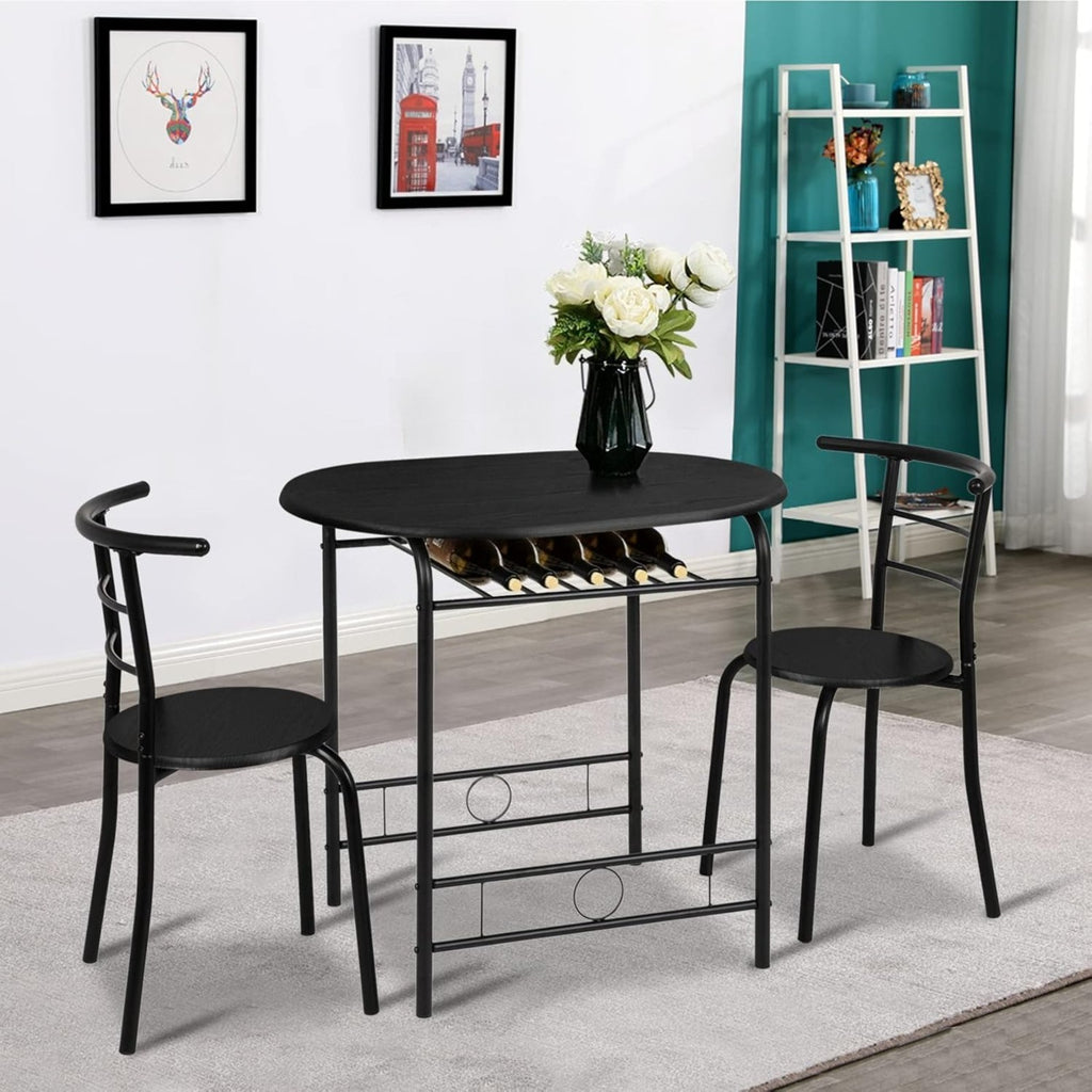 Bonnlo Minimalist 3-Piece Iron Dining Set for 2, Wooden Table and 2 Chairs Ideal for Small Kitchen, Dining Room, Apartment, Balcony & Coffee Nook, Breakfast & Negotiation Table with Storage Shelf, Metal Frame
