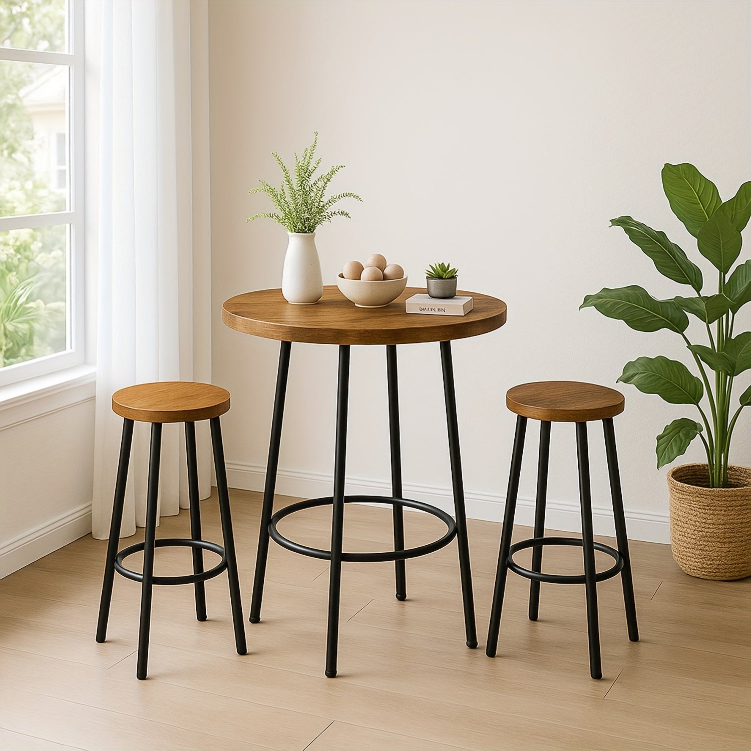 Dining Room Table Set, Round Kitchen Table Set with Steel Frame Table, 3pcs Dining Table Set, Breakfast Table for 2, Small Space, Farmhouse, Kitchen, Cafe, Dining, Rustic Brown