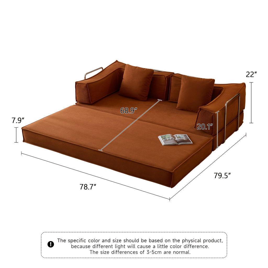 Collapsible Three-Seater Fabric Sofa Bed with Square Armrests, Modular Compressed Living Room Sofa Set, Retro Plush Chenille Casual Chair Sofa, Lazy Sofa, Bedroom Mattress Sleeping Couch, Light Gray, Caramel, Beige