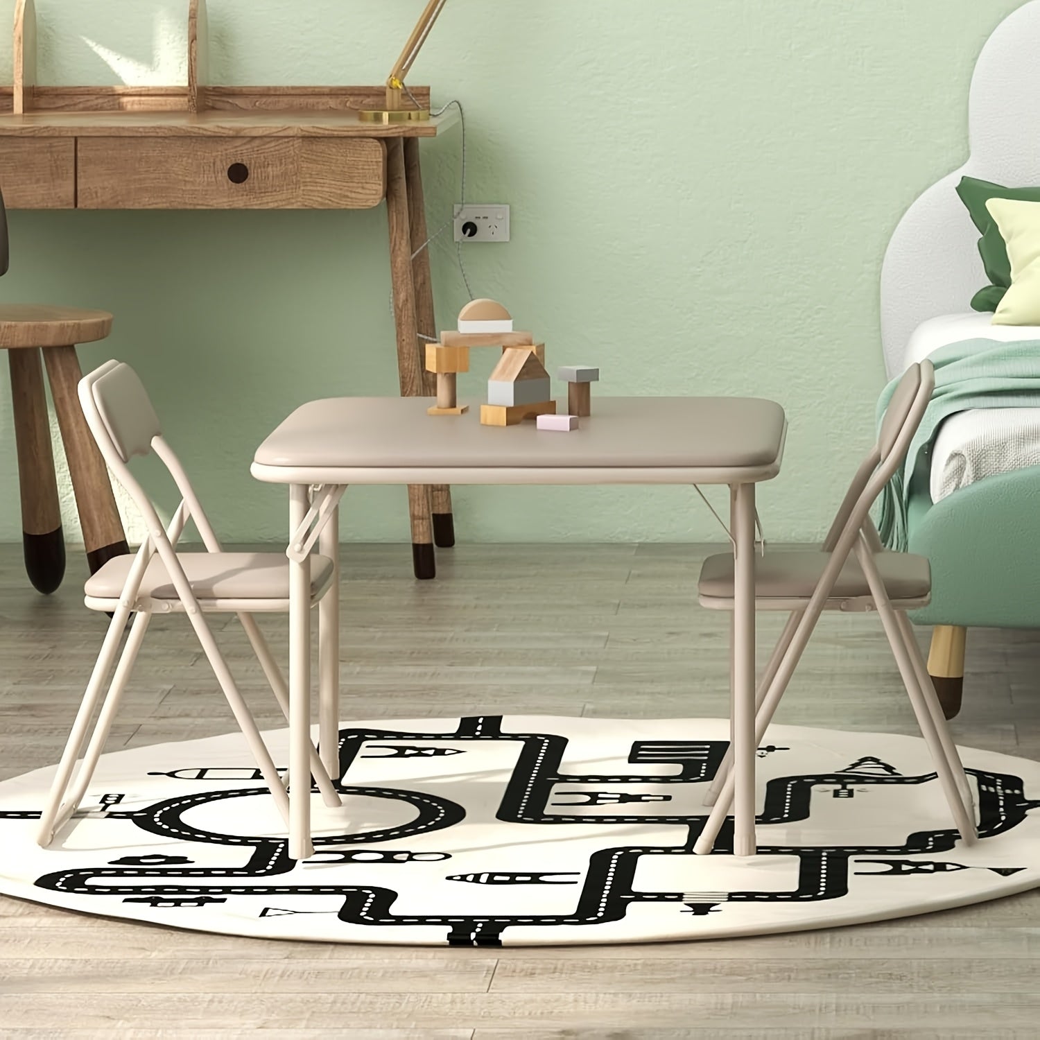 3pcs Folding Square Table And Chair Set, Featuring A Portable Table And Chairs with Ssoft Pu Cushions. No Assembly Is Required, Perfect for Eating, Reading, And Playing