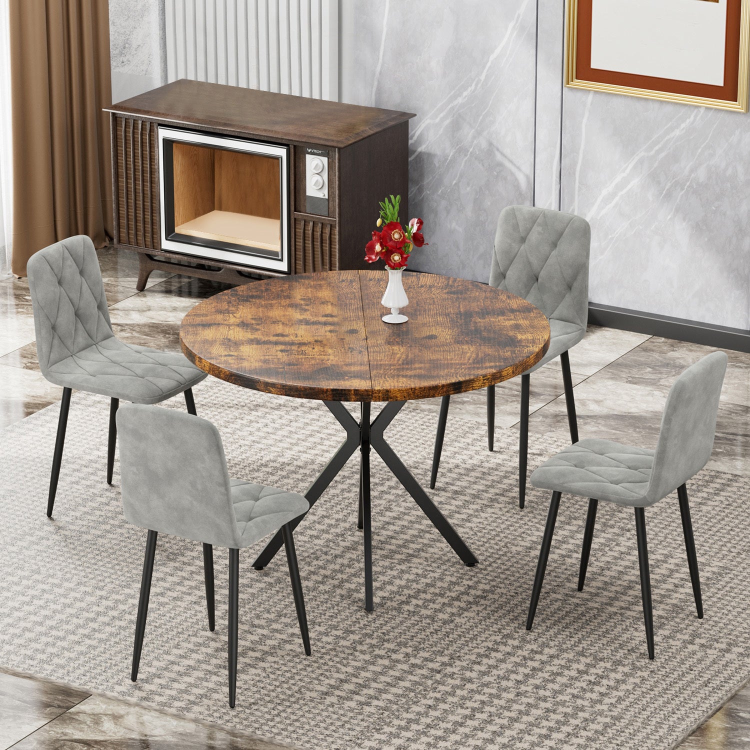 Round Dining Table Set for 4, 39 Inch Circle Dining Room Table with 4 Upholstered Chairs for 4 People, Mid Century Modern Round Kitchen Table and Chairs Set of 4 for Home Kitchen Dining Room Leisure Area (Brown Table + 4 Chairs)