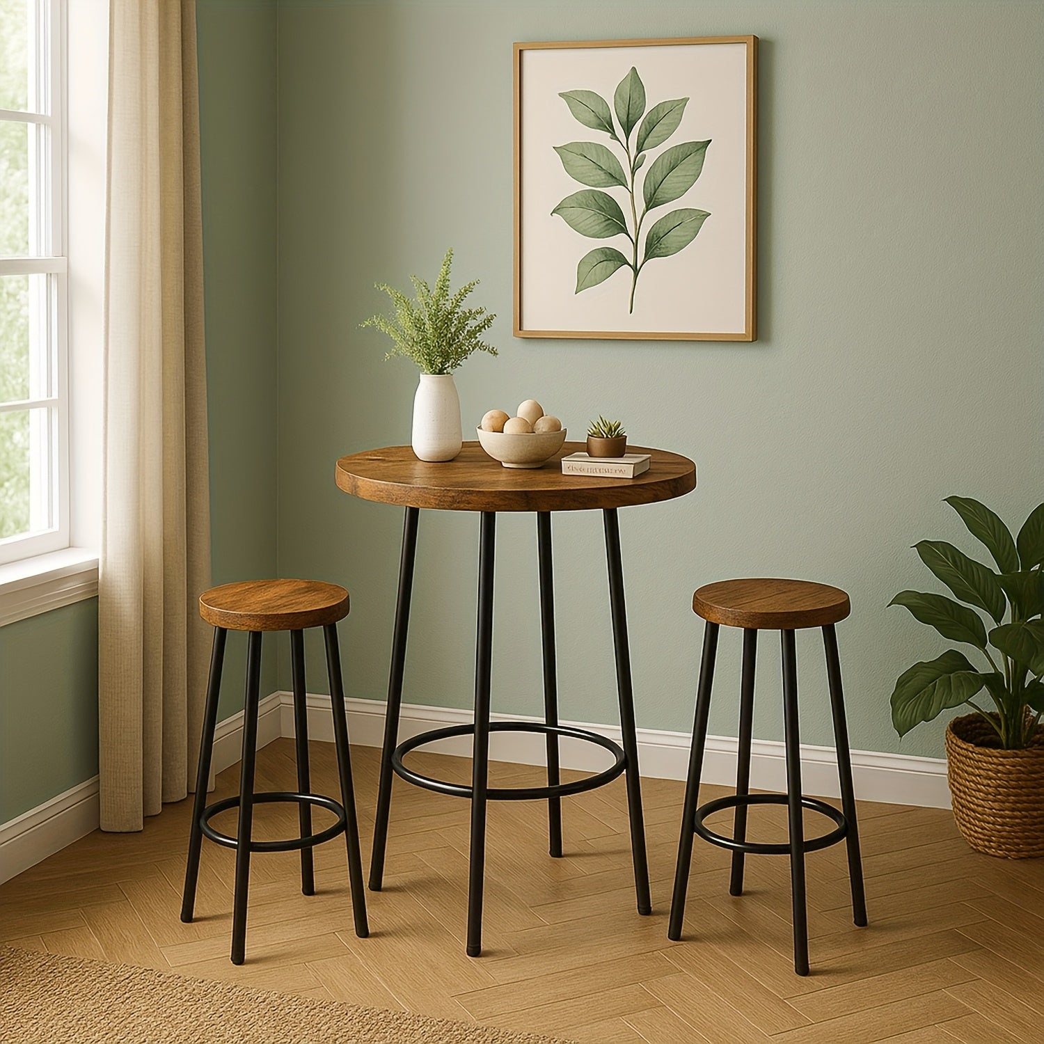 Dining Room Table Set, Round Kitchen Table Set with Steel Frame Table, 3pcs Dining Table Set, Breakfast Table for 2, Small Space, Farmhouse, Kitchen, Cafe, Dining, Rustic Brown