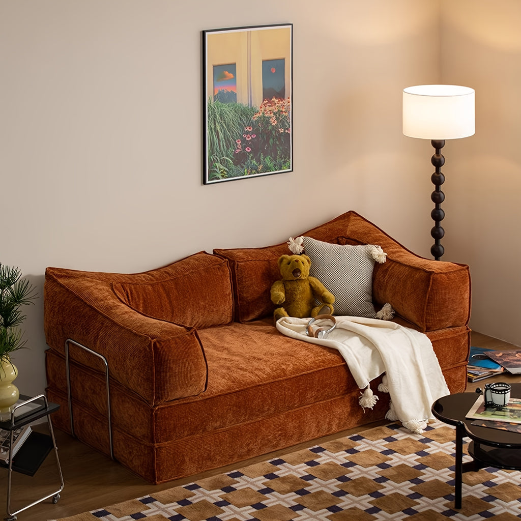 Collapsible Three-Seater Fabric Sofa Bed with Square Armrests, Modular Compressed Living Room Sofa Set, Retro Plush Chenille Casual Chair Sofa, Lazy Sofa, Bedroom Mattress Sleeping Couch, Light Gray, Caramel, Beige