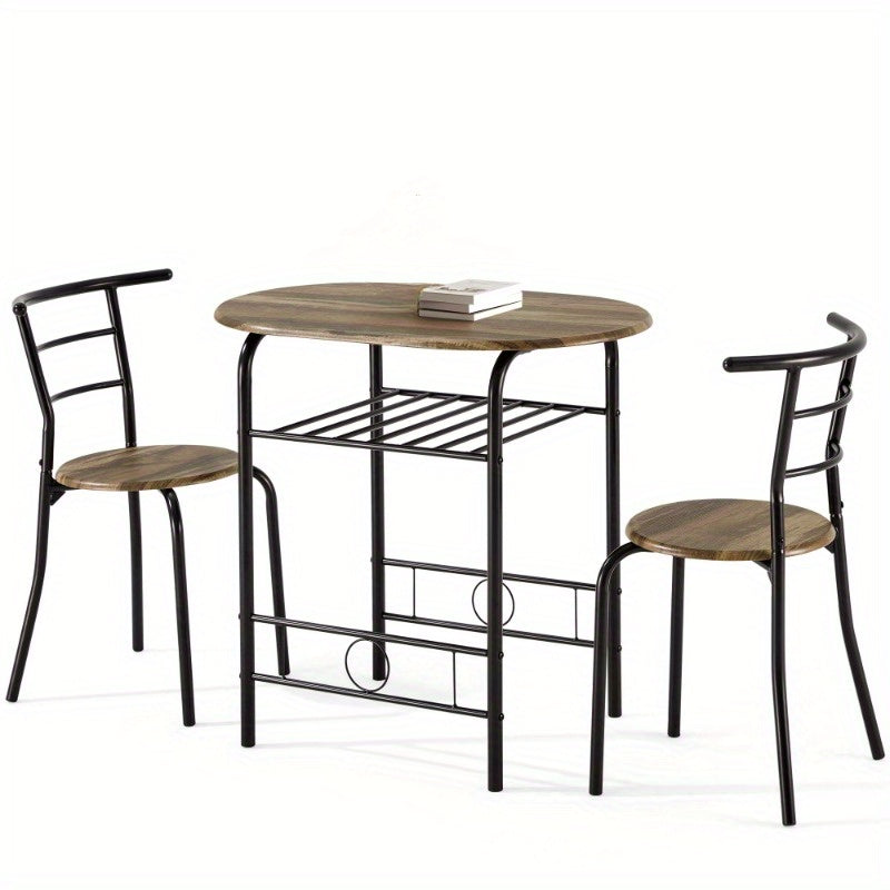 3pcs Dining Table Set for 2, Kitchen Table and Chair Set with Tabletop & PVC Veneer, Compact Dining Table Set with Metal Frame and Built-in Rack, Space-Saving Design for Small Kitchens, Apartments, Breakfast Nook, Drift Brown