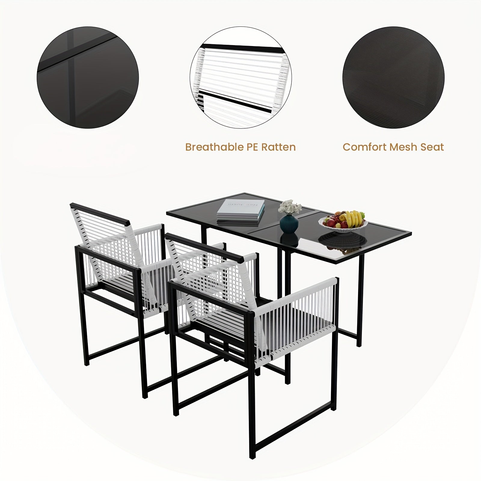 3pcs Rattan Patio Dining Set with Rectangle Table 3 -Piece Black Rattan Patio Dining Set Steel Rectangle Table with 2 Stationary Chairs