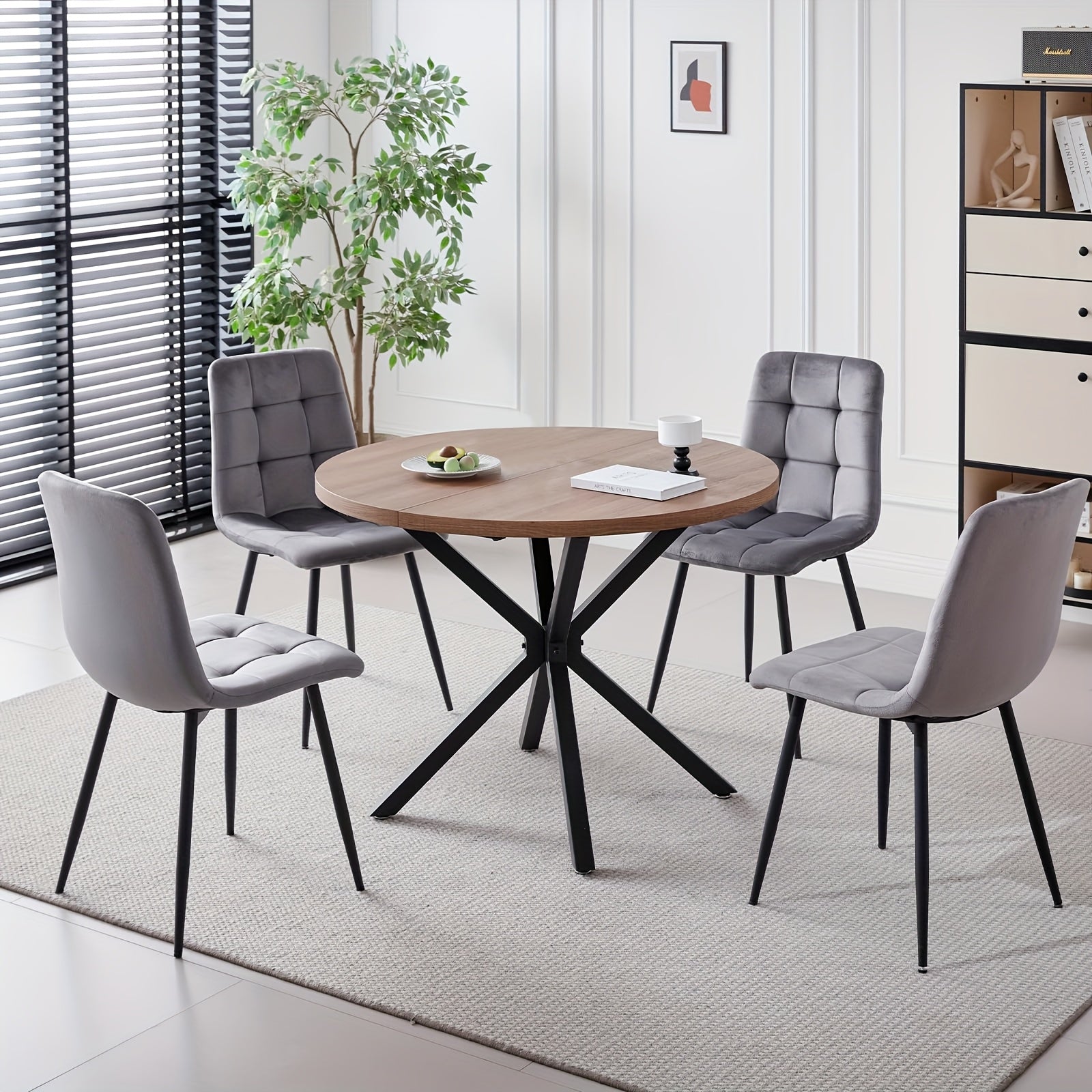 5pcs Round Dining Table Set for 4 - Mid-Century Modern Brown Dinner Table with 4 Chairs, Coffee Table & Chairs with Metal Legs Soft Cushion for Kitchen Dining Room, Apartment