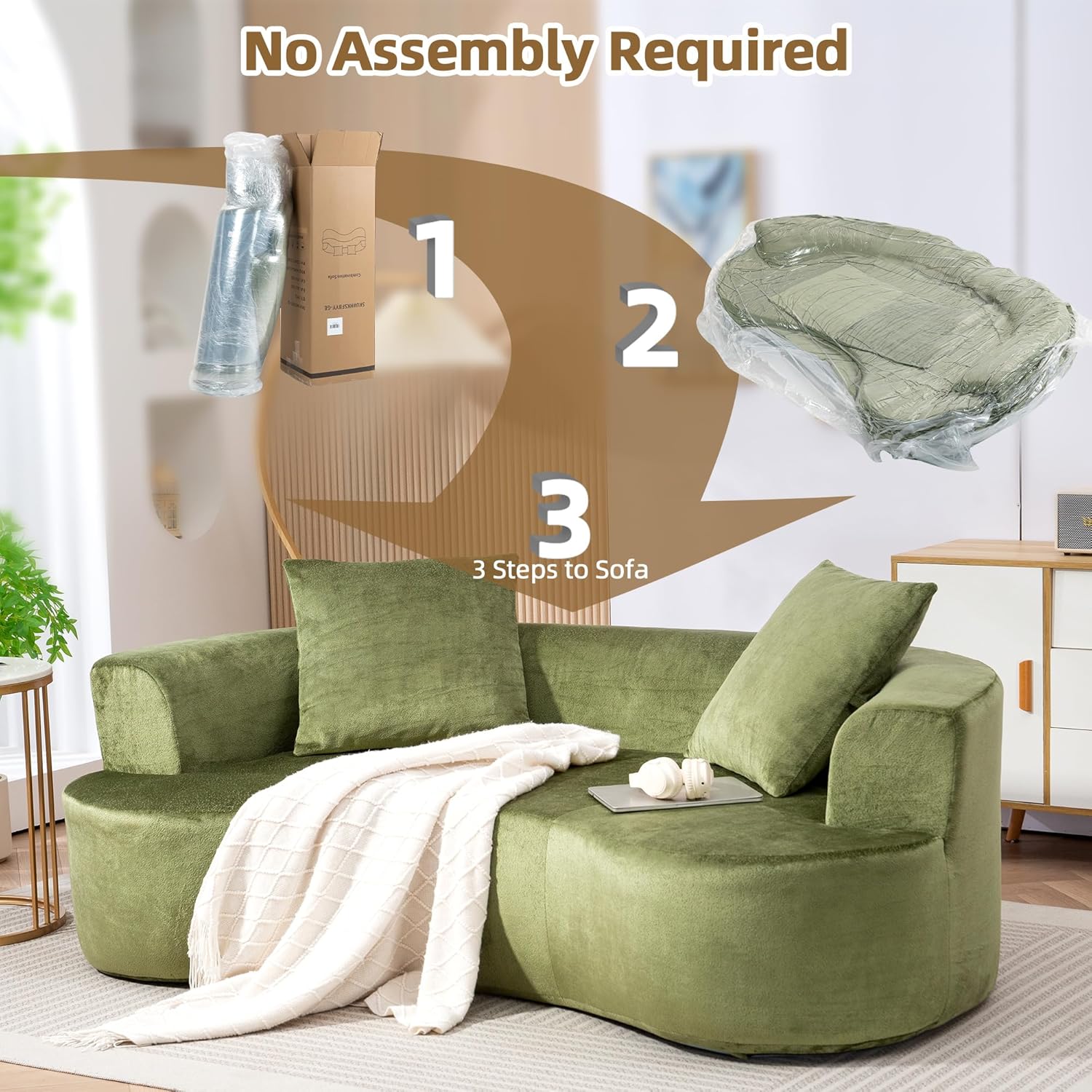 Green U-Shape Cloud Couch, Compression Sofas For Living Room, Chenille Fabric Memory Foam Sofa No Assembly Required