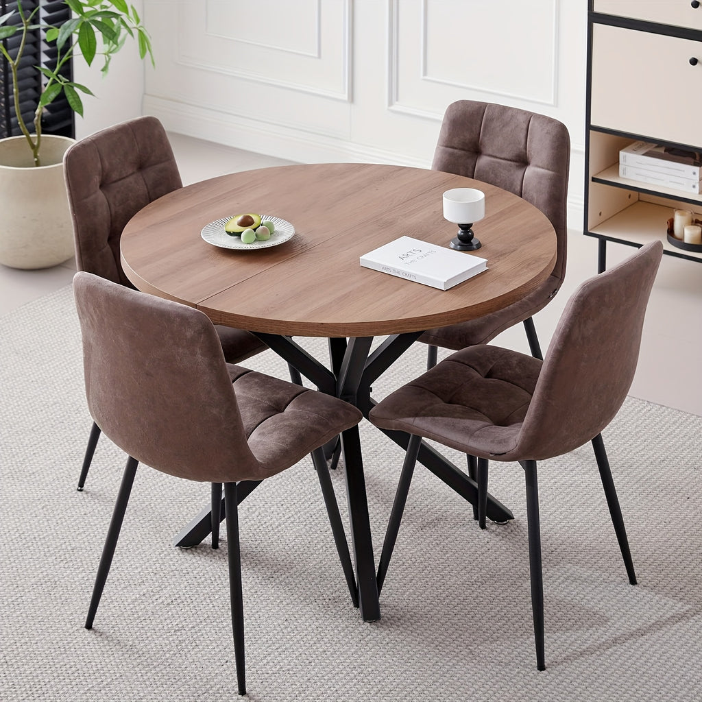 5pcs Round Dining Table Set for 4 - Mid-Century Modern Brown Dinner Table with 4 Chairs, Coffee Table & Chairs with Metal Legs Soft Cushion for Kitchen Dining Room, Apartment
