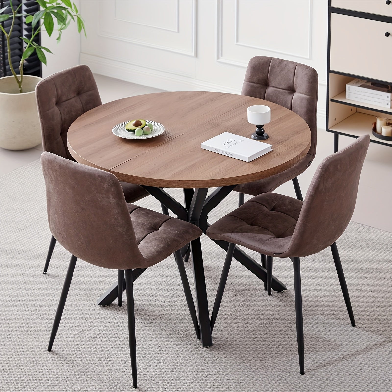 5pcs Round Dining Table Set for 4 - Mid-Century Modern Brown Dinner Table with 4 Chairs, Coffee Table & Chairs with Metal Legs Soft Cushion for Kitchen Dining Room, Apartment