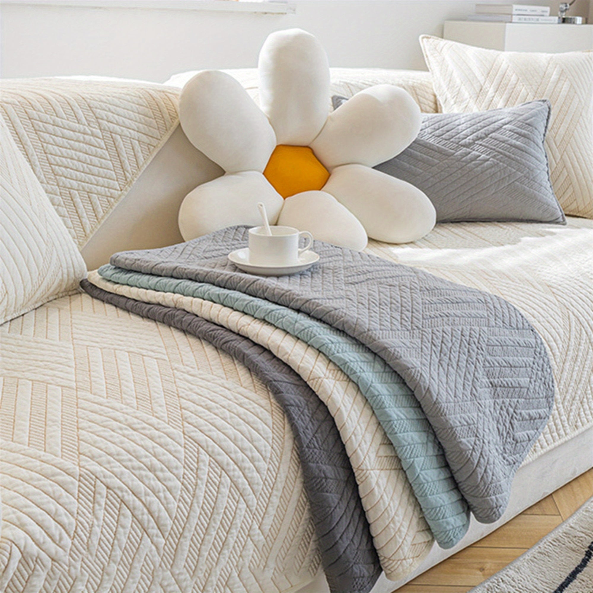 Home Refresh Elegant Beige Cotton Sofa Slipcover with Geometric Pattern - Non-Slip, Washable Couch Cover for 1\u002F2-Seater Sofas, Ideal for Pets & Youngsters, Contemporary Decor Furniture Protector, Couch Covers for Sofa