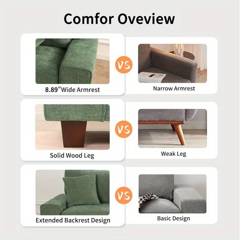 Modern Nordic Sofa - Heavy-Duty 750lb Capacity, Solid Wood Frame & Spring Cushions, Easy-Clean Chenille Fabric, No-Tools Assembly, Space-Saving Design for Living Room, Apartment, Office - Green, Comfy Couch