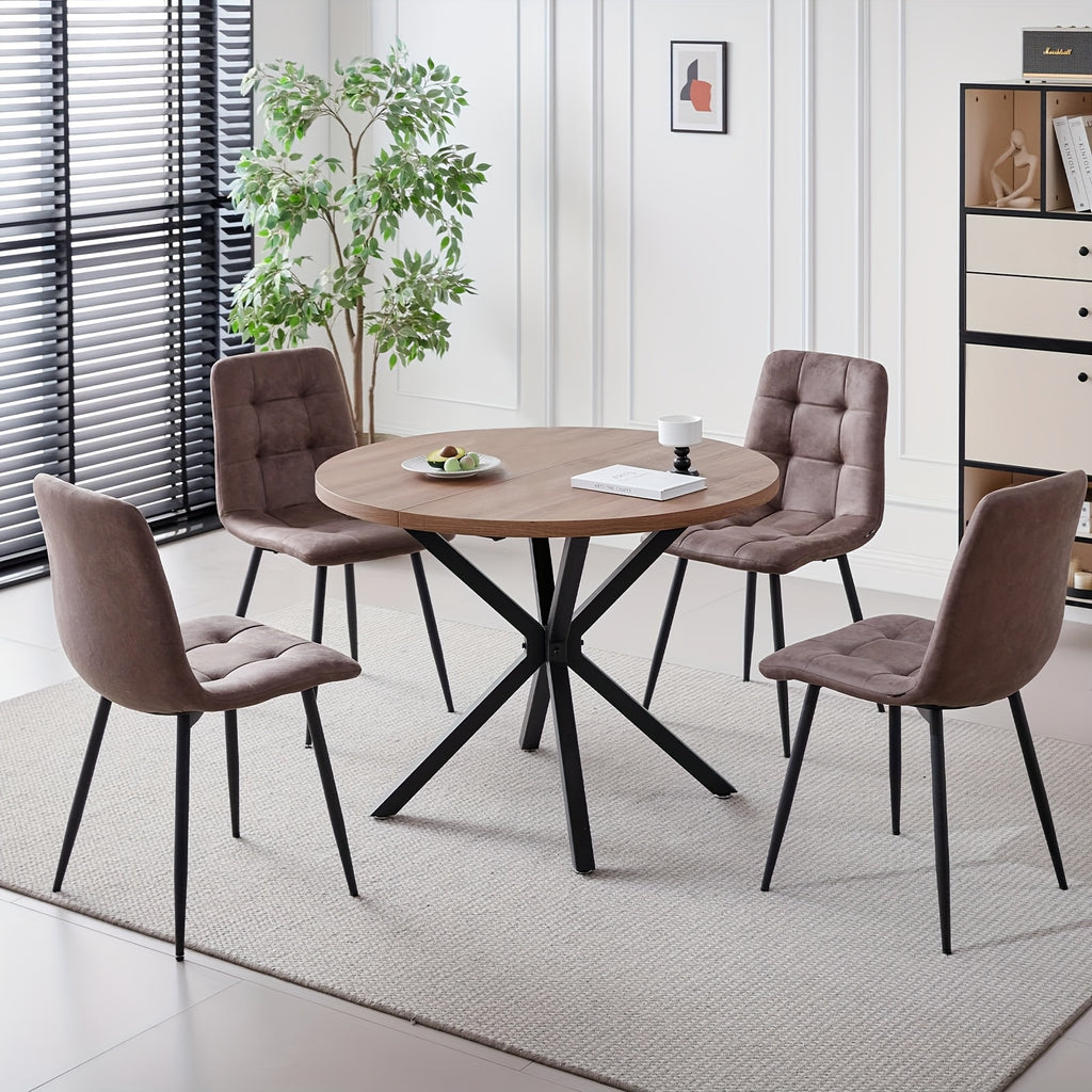 5pcs Round Dining Table Set for 4 - Mid-Century Modern Brown Dinner Table with 4 Chairs, Coffee Table & Chairs with Metal Legs Soft Cushion for Kitchen Dining Room, Apartment