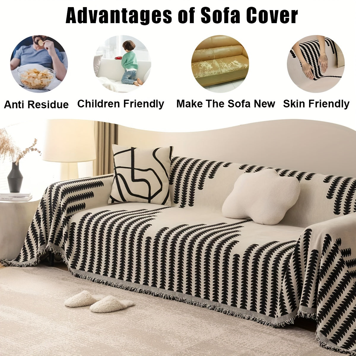 Bohemian Style Thick Striped Fringe Chenille Sofa Towel, Washable Pet Anti Cat Scratch Sofa Protective Cover, Soft And Comfortable, Suitable For Use All Year Round Sofa Blanket