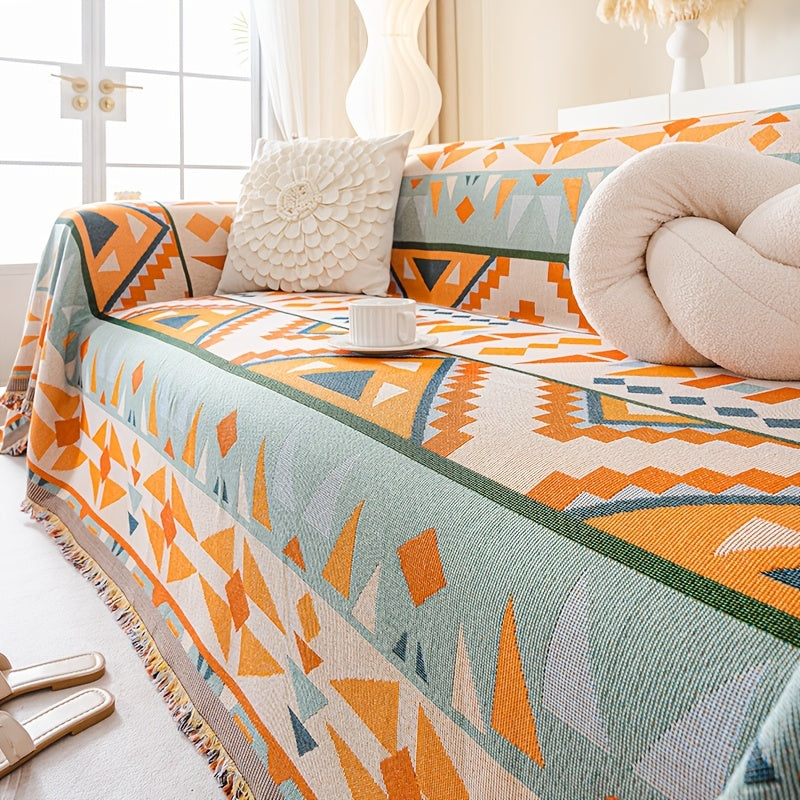 1pc Bohemian Sofa Cover with Tassels - Vibrant Geometric Pattern, Machine Washable, Pet-Friendly Couch Protector Blanket for Single\u002FDouble\u002FTriple\u002FQuadruple Sofas, Home Decor Essential