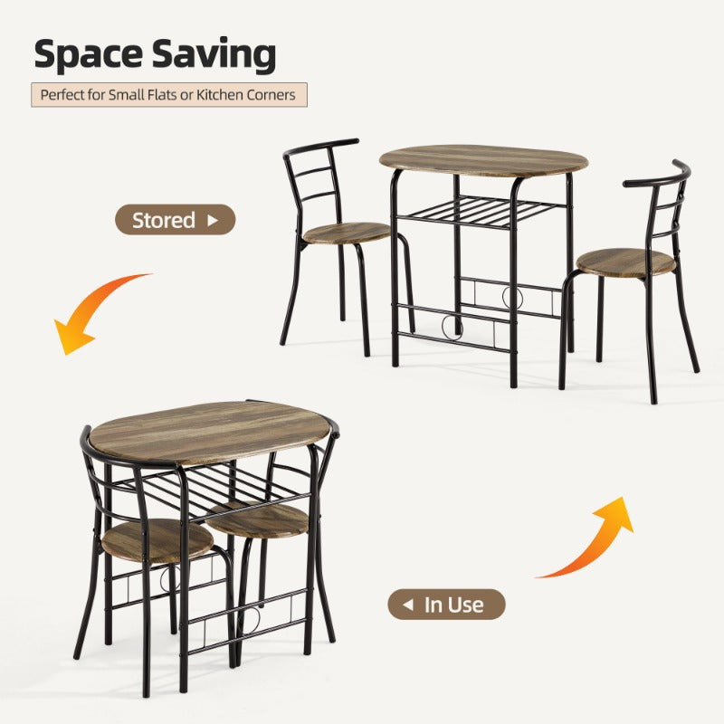 3pcs Dining Table Set for 2, Kitchen Table and Chair Set with Tabletop & PVC Veneer, Compact Dining Table Set with Metal Frame and Built-in Rack, Space-Saving Design for Small Kitchens, Apartments, Breakfast Nook, Drift Brown