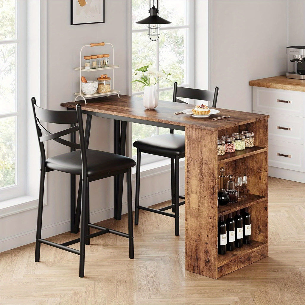 Dining Table Set for 2, Kitchen Bar Table and Chairs for 2, Expandable Counter Height Bar Table Set with 3 Storage, Kitchen Table Set with 2 Upholstered Chairs, Rustic Brown