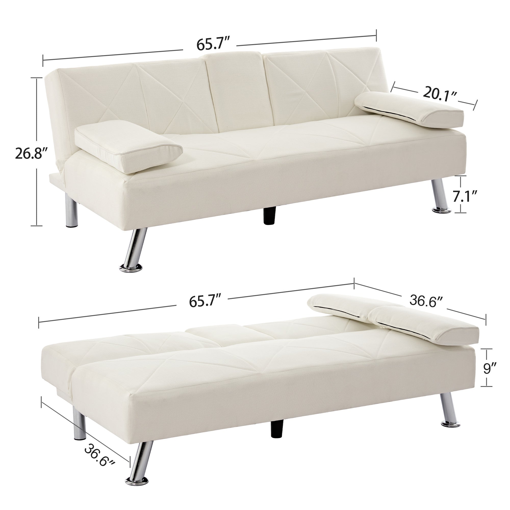 Modern Convertible Folding Futon Sofa Bed with Removable Armrests, Breathable Linen Sofa with 2 Cup Holders for Living Room