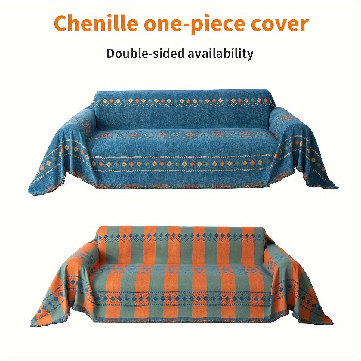 Blue Bohemian style sofa towel, washable sofa cover, jacquard chenille fabric, sofa blanket, sofa cushion, soft and comfortable with tassels, multi-functional sofa cover blanket, bedroom and living room furniture protective cover for home decoration.