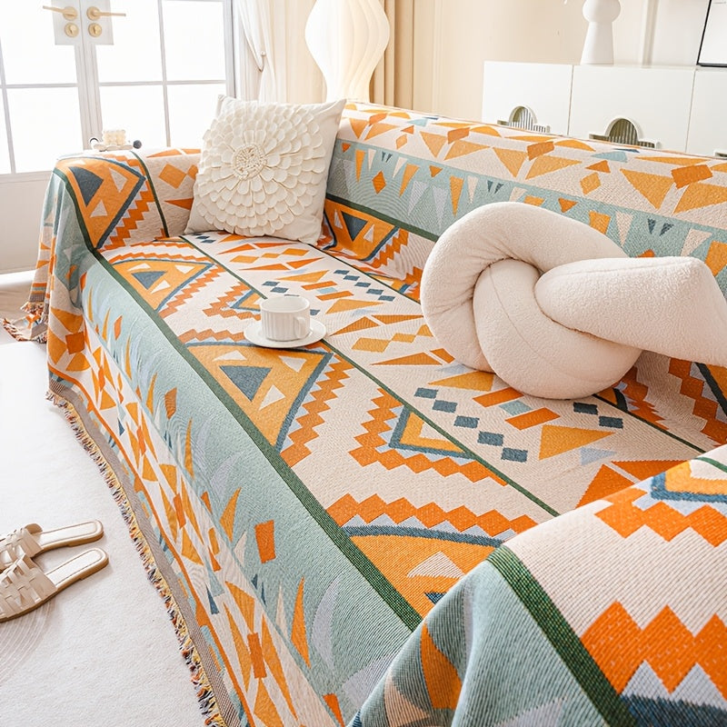 1pc Bohemian Sofa Cover with Tassels - Vibrant Geometric Pattern, Machine Washable, Pet-Friendly Couch Protector Blanket for Single\u002FDouble\u002FTriple\u002FQuadruple Sofas, Home Decor Essential