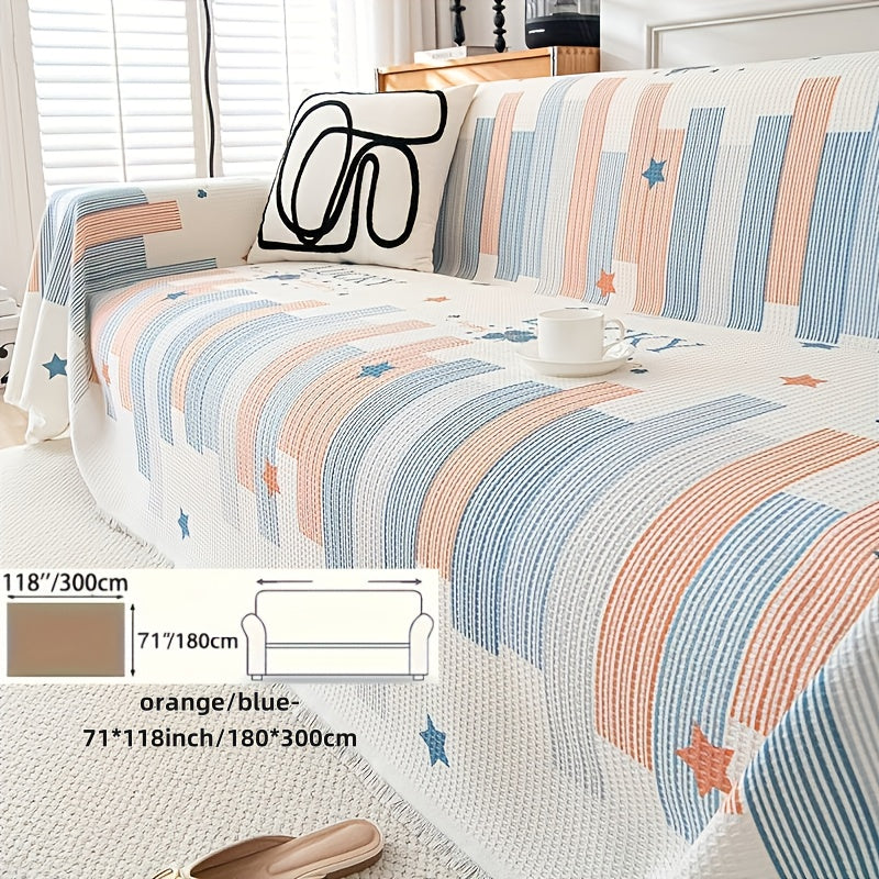 1pc American Waffle Knit Sofa Cover with Tassels - Machine Washable, Dirt And Sofa Cover, Suitable for Living Room And Office Decoration