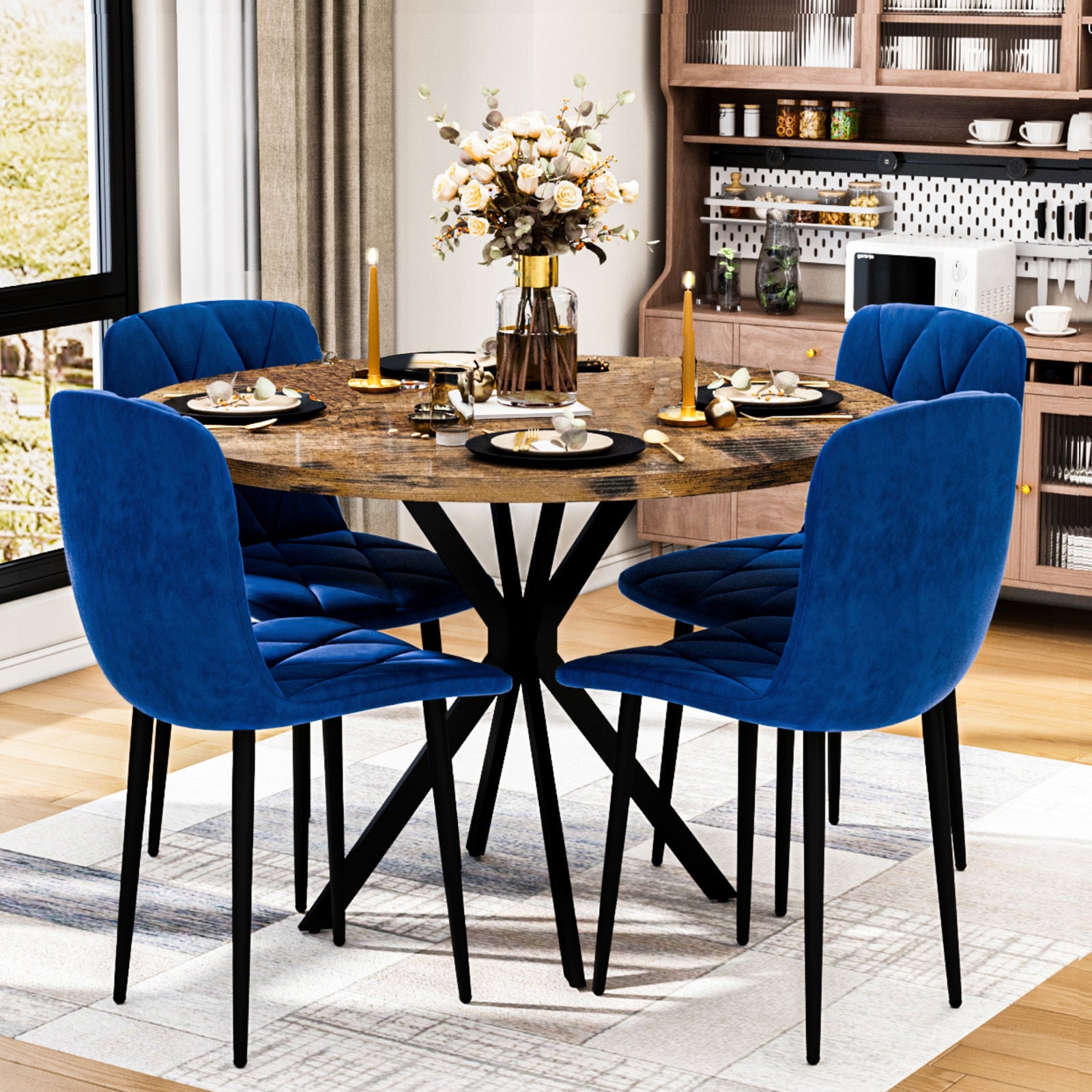 Round Dining Table Set for 4, 39 Inch Circle Dining Room Table with 4 Upholstered Chairs for 4 People, Mid Century Modern Round Kitchen Table and Chairs Set of 4 for Home Kitchen Dining Room Leisure Area (Brown Table + 4 Chairs)