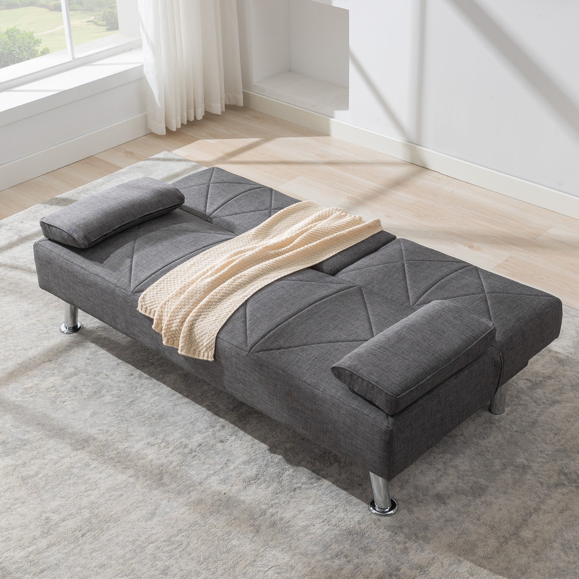 Modern Convertible Folding Futon Sofa Bed with Removable Armrests, Breathable Linen Sofa with 2 Cup Holders for Living Room