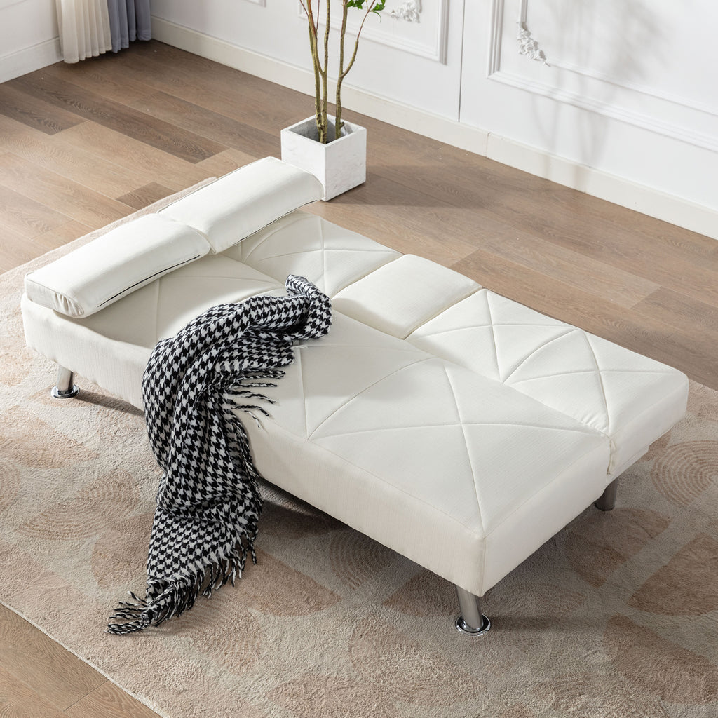 Modern Convertible Folding Futon Sofa Bed with Removable Armrests, Breathable Linen Sofa with 2 Cup Holders for Living Room