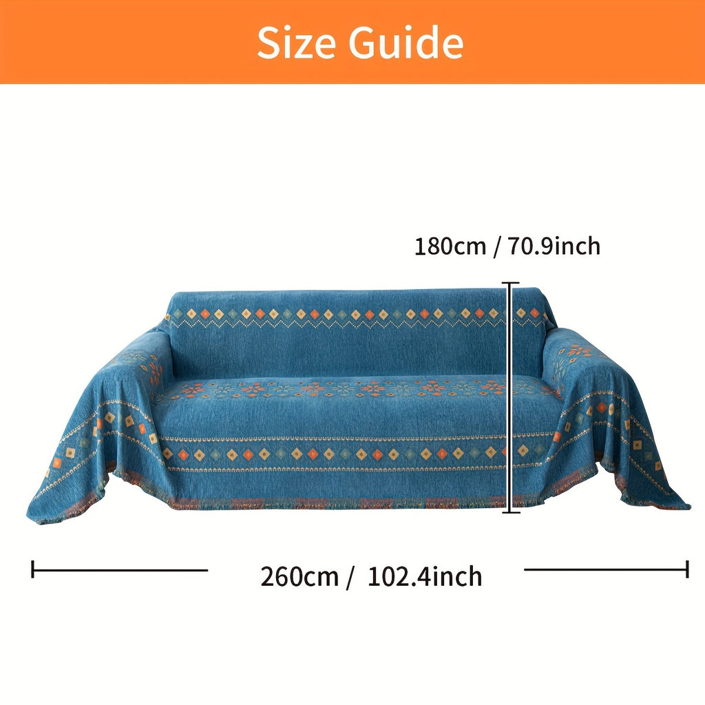 Blue Bohemian style sofa towel, washable sofa cover, jacquard chenille fabric, sofa blanket, sofa cushion, soft and comfortable with tassels, multi-functional sofa cover blanket, bedroom and living room furniture protective cover for home decoration.