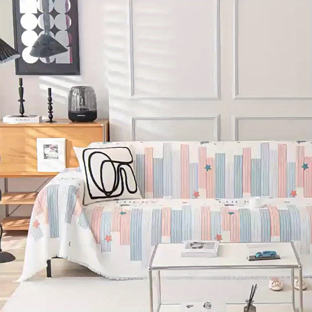 1pc American Waffle Knit Sofa Cover with Tassels - Machine Washable, Dirt And Sofa Cover, Suitable for Living Room And Office Decoration