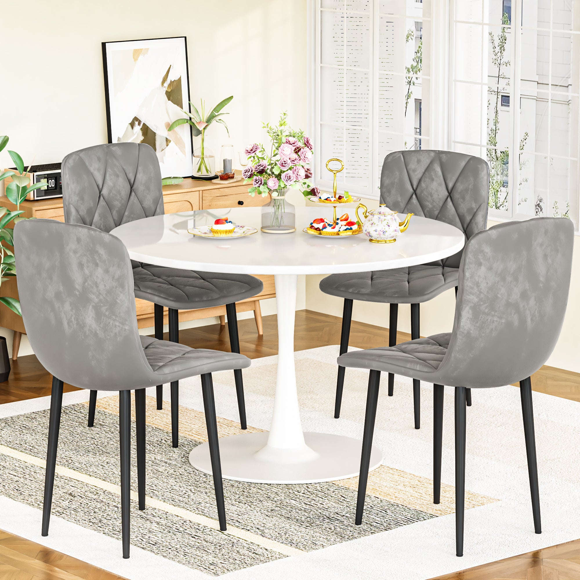 Round Dining Table Set for 4, 39 Inch Circle Dining Room Table with 4 Upholstered Chairs for 4 People, Mid Century Modern Round Kitchen Table and Chairs Set of 4 for Home Kitchen Dining Room Leisure Area (Brown Table + 4 Chairs)