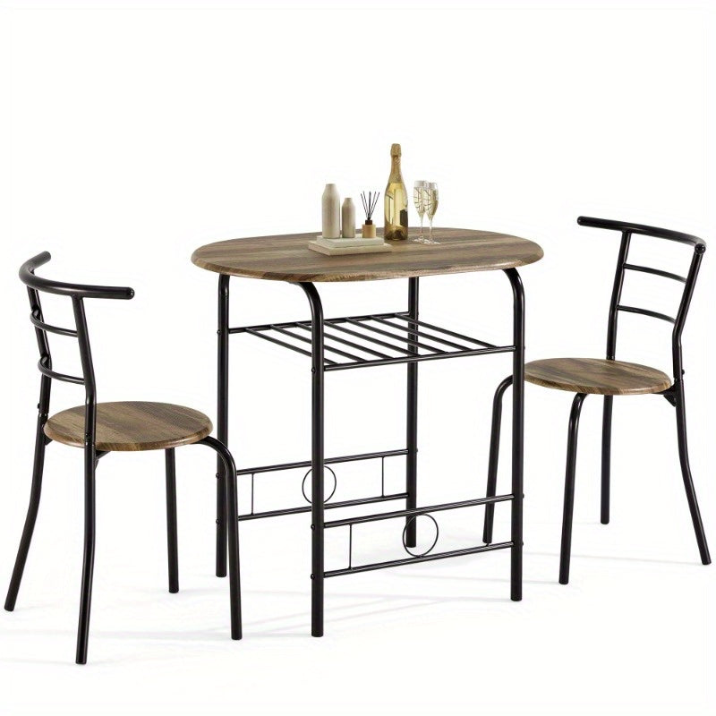 3pcs Dining Table Set, Small Dining Table for 2 with Chairs, Round Table and Chairs, Kitchenette for Small Spaces with Built-in Wine Rack, Space-Saving Design, Drift Brown