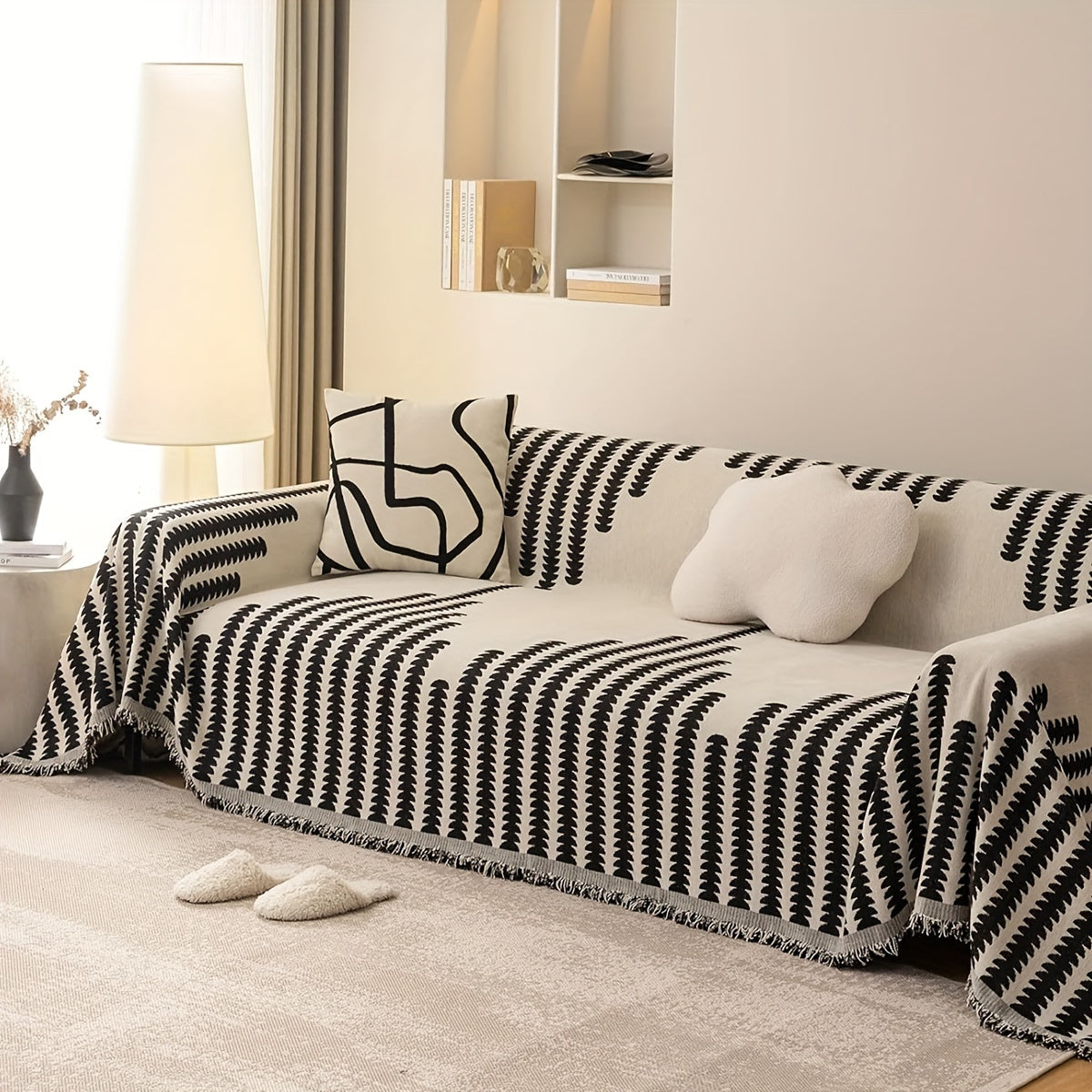 Bohemian Style Thick Striped Fringe Chenille Sofa Towel, Washable Pet Anti Cat Scratch Sofa Protective Cover, Soft And Comfortable, Suitable For Use All Year Round Sofa Blanket