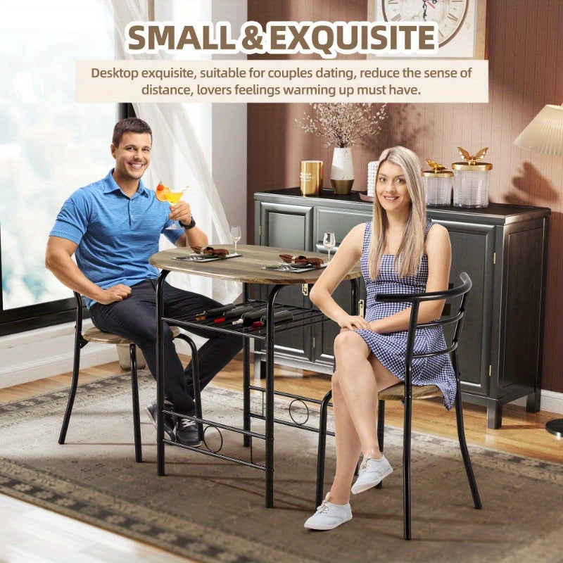 3pcs Dining Table Set, Small Dining Table for 2 with Chairs, Round Table and Chairs, Kitchenette for Small Spaces with Built-in Wine Rack, Space-Saving Design, Drift Brown