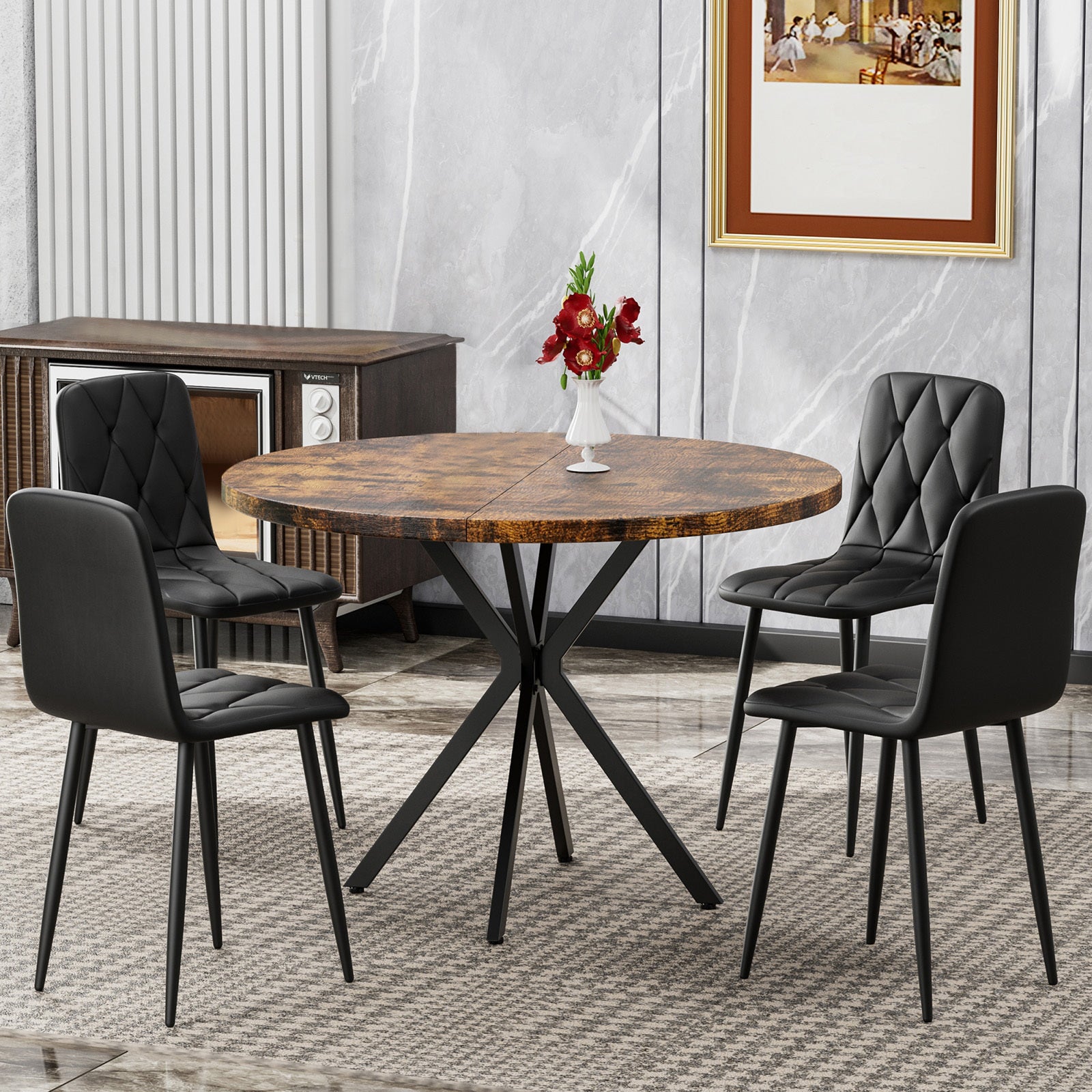 Round Dining Table Set for 4, 39 Inch Circle Dining Room Table with 4 Upholstered Chairs for 4 People, Mid Century Modern Round Kitchen Table and Chairs Set of 4 for Home Kitchen Dining Room Leisure Area (Brown Table + 4 Chairs)
