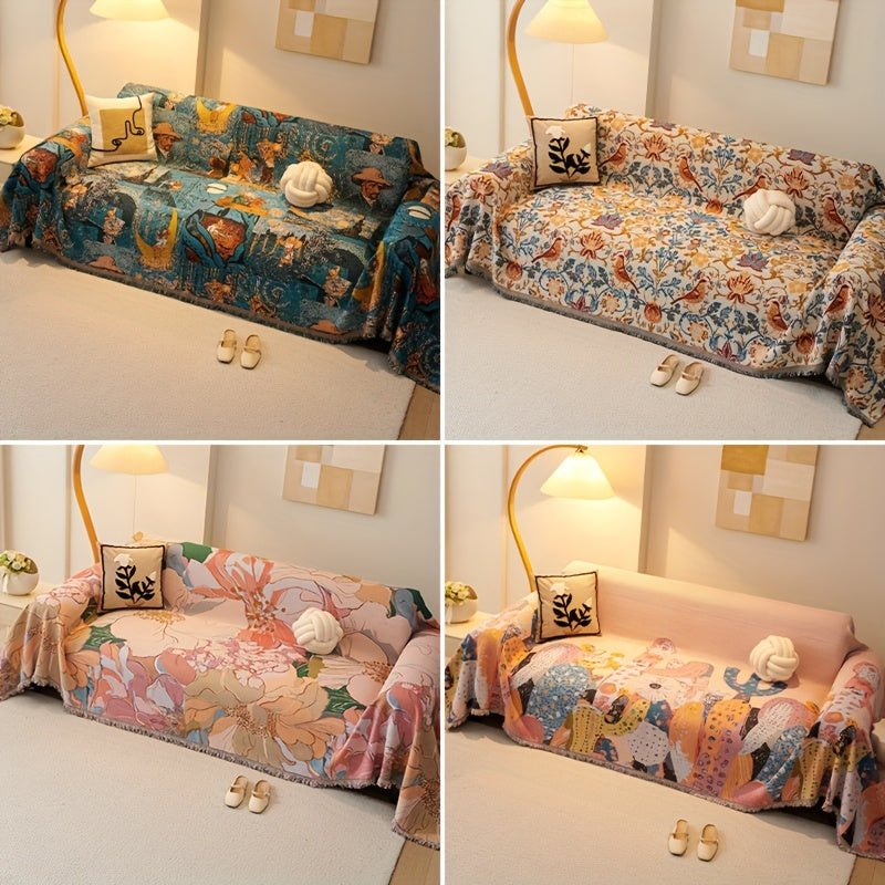 Bohemian Style Sofa Cover, Cotton Material Suitable for 1\u002F2\u002F3\u002F4-Seater Non-Slip Couch Protector, Soft & Comfortable, Easy Care, Pet-Friendly Multi-Functional