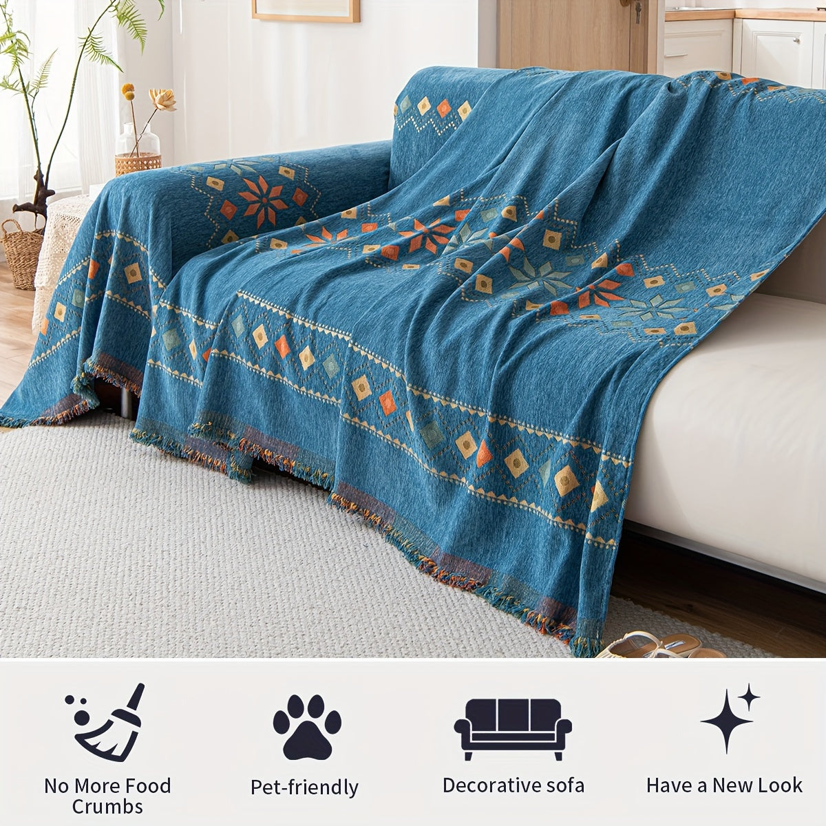 Blue Bohemian style sofa towel, washable sofa cover, jacquard chenille fabric, sofa blanket, sofa cushion, soft and comfortable with tassels, multi-functional sofa cover blanket, bedroom and living room furniture protective cover for home decoration.