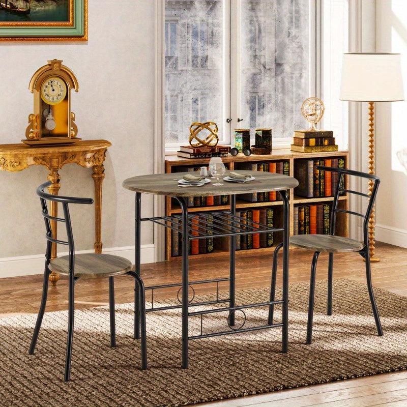 3pcs Dining Table Set, Small Dining Table for 2 with Chairs, Round Table and Chairs, Kitchenette for Small Spaces with Built-in Wine Rack, Space-Saving Design, Drift Brown