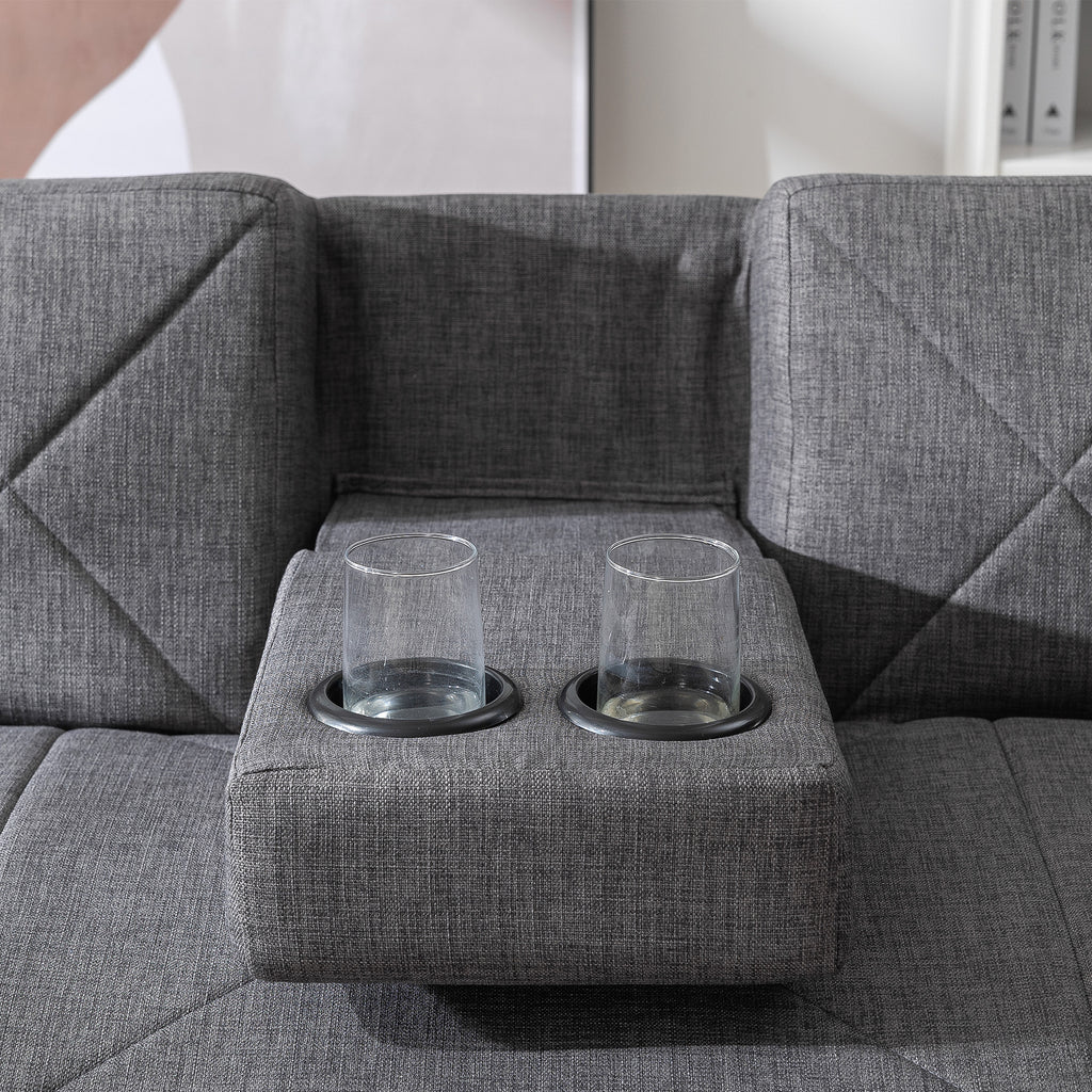 Modern Convertible Folding Futon Sofa Bed with Removable Armrests, Breathable Linen Sofa with 2 Cup Holders for Living Room