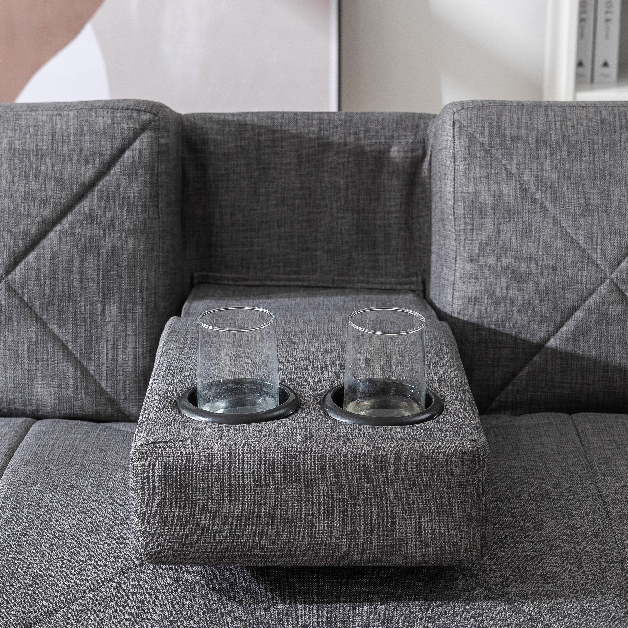 Modern Convertible Folding Futon Sofa Bed with Removable Armrests, Breathable Linen Sofa with 2 Cup Holders for Living Room