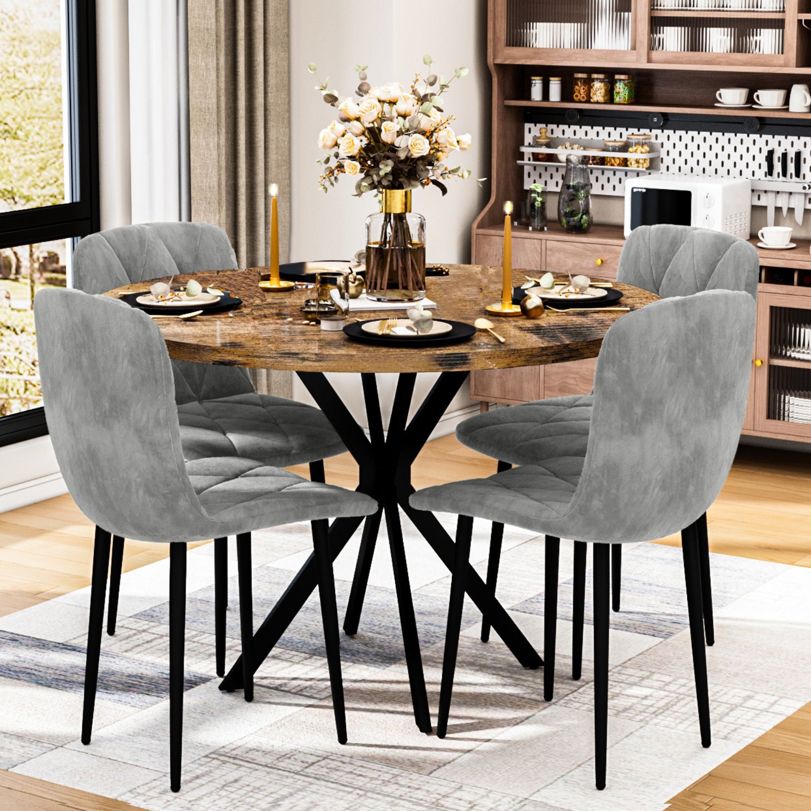 Round Dining Table Set for 4, 39 Inch Circle Dining Room Table with 4 Upholstered Chairs for 4 People, Mid Century Modern Round Kitchen Table and Chairs Set of 4 for Home Kitchen Dining Room Leisure Area (Brown Table + 4 Chairs)